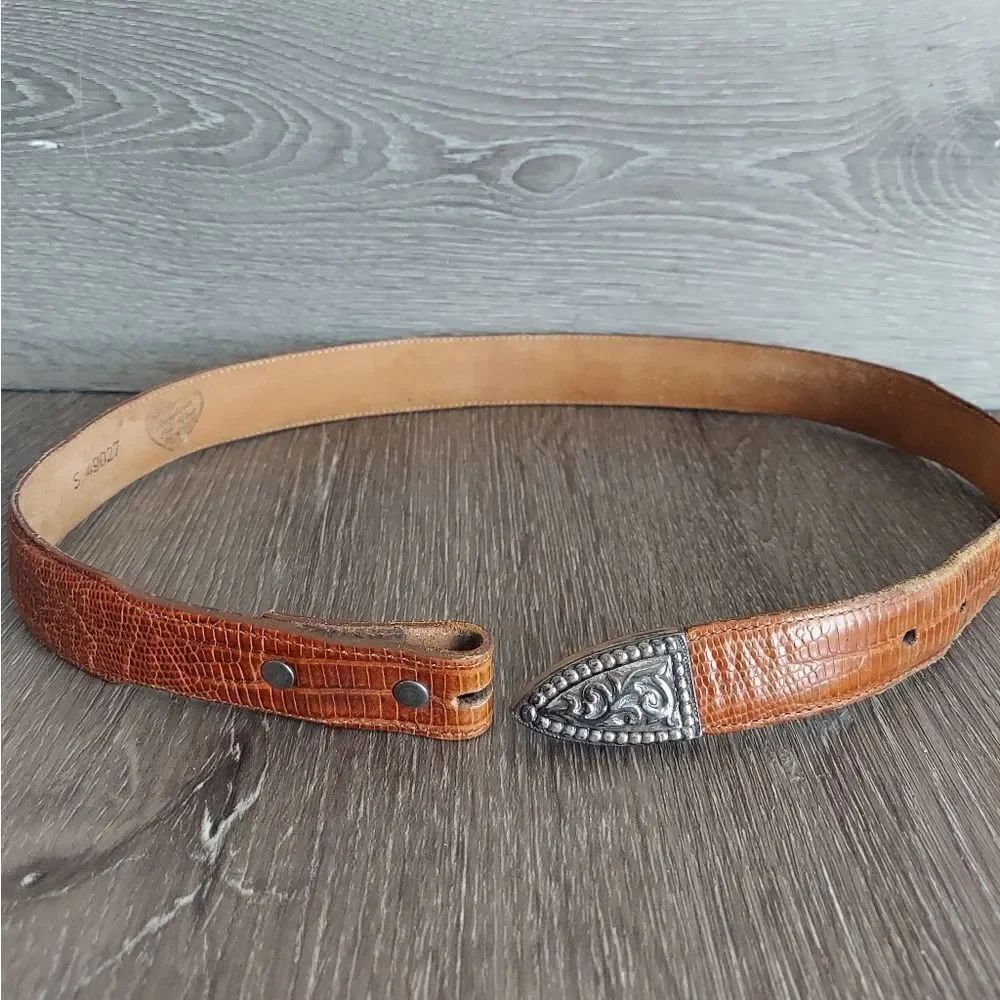 Brighton Vintage Brown Leather Belt with Lizard Pattern Size S No Buckle